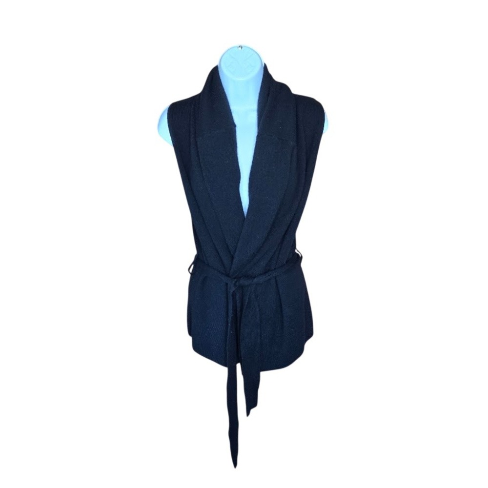 Etcetera Black Wool Cashmere‎ Belted Wrap Cardigan Sleeveless Shawl Vest Women M